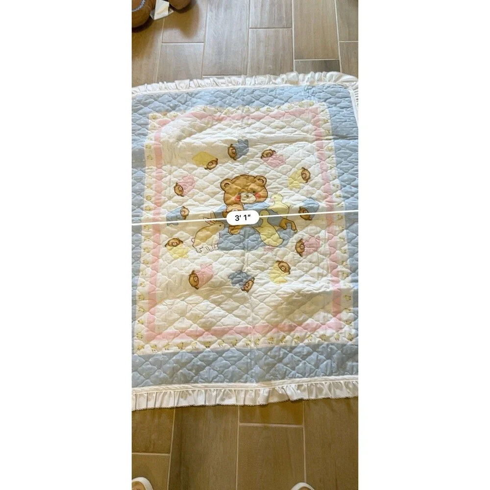 Vtg Handmade Nursery Panel Baby Quilt with Ruffle Custom Cottagecore Teddy Bear